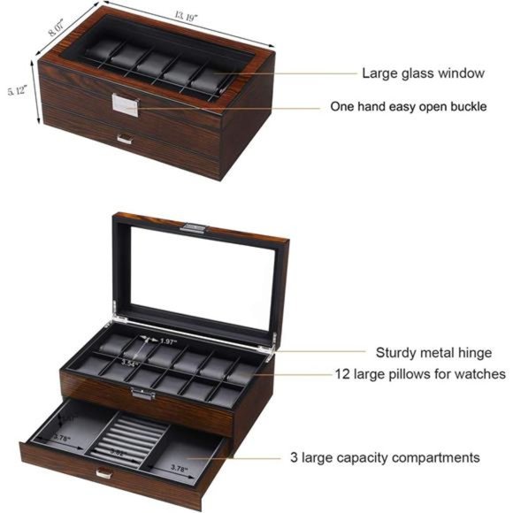 12 Watch Box with Valet Drawer, Luxury Watch Case,Watch Organizer for Mens - Picture 7 of 8